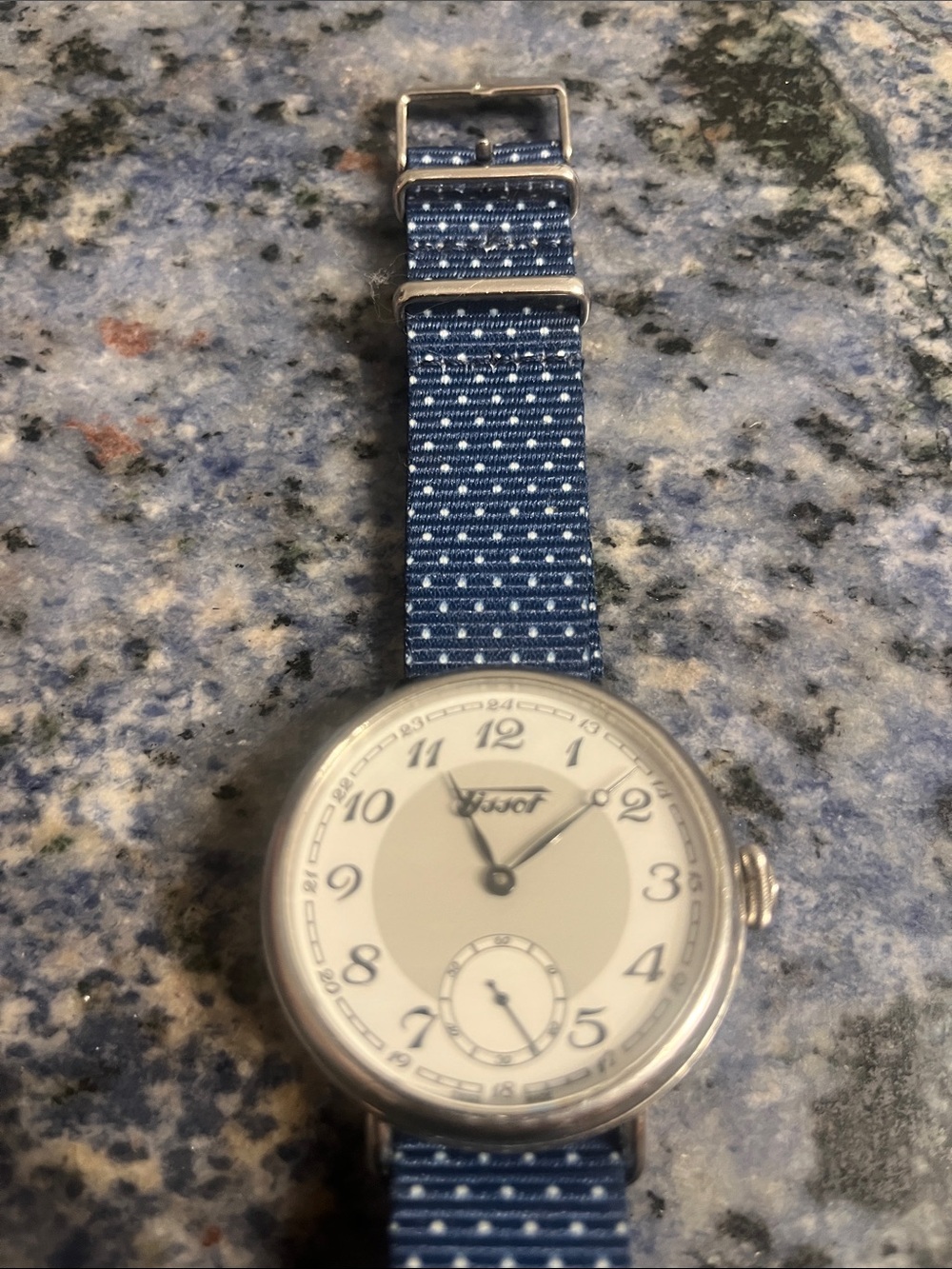Tissot Silver Case Watch with Cream Dial and Navy Blue Nylon Strap - Picture 3 of 3